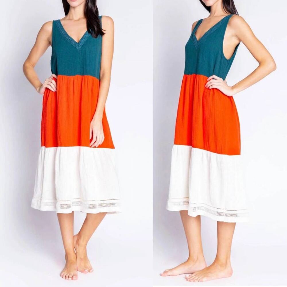 P.J. Salvage Gauzin Around Dress Womens Large Lace Trim Midi Gauze Sundress